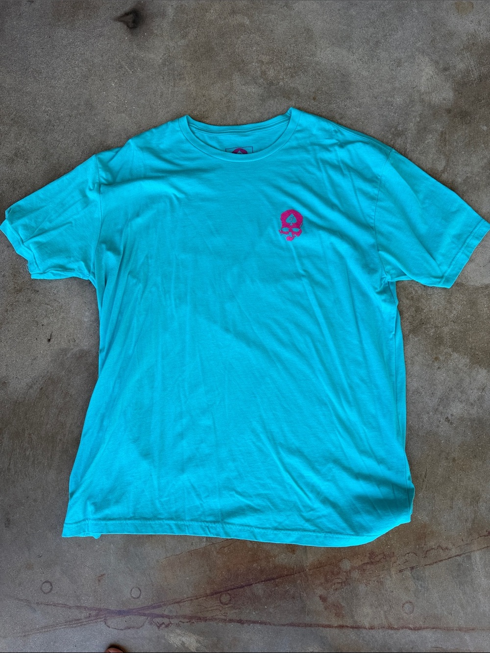 Men's Aqua Short Sleeve Crewneck Tee with Pink Chest Graphic
